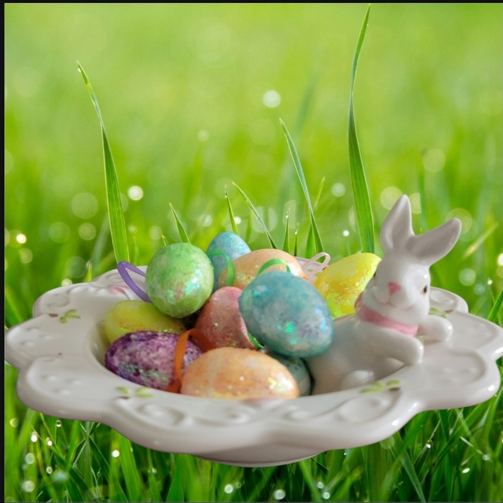 Porcelain Bunny Trinket Dish Colored Accents With Glitter Eggs 7" Width - Picture 7 of 11